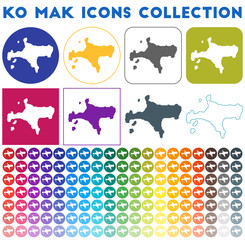 Ko Mak icons collection. Bright colourful trendy map icons. Modern Ko Mak badge with island map. Vector illustration.