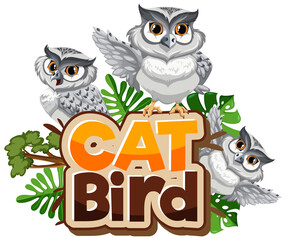 Many white owls cartoon character with Cat Bird font banner isolated