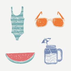 Doodle printmaking vector summer by the beach illustration set