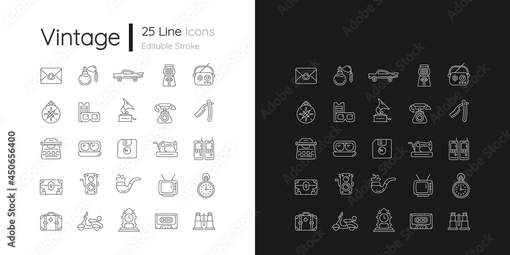 Poster vintage style linear icons set for dark and light mode. collecting items with historical value. cust