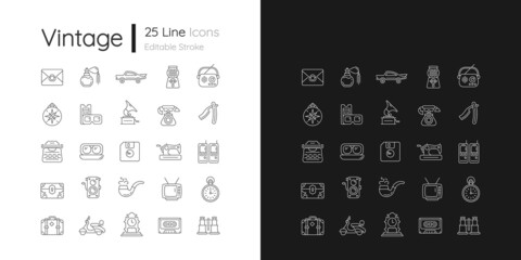 Vintage style linear icons set for dark and light mode. Collecting items with historical value. Customizable thin line symbols. Isolated vector outline illustrations. Editable stroke