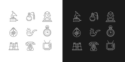Retro items linear icons set for dark and light mode. Phonograph records. Vintage perfume. Tabletop clock. Customizable thin line symbols. Isolated vector outline illustrations. Editable stroke