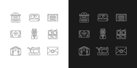 Vintage-inspired style linear icons set for dark and light mode. Typewriter. Aviator glasses. Tape cassette. Customizable thin line symbols. Isolated vector outline illustrations. Editable stroke
