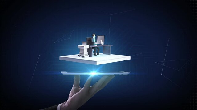 Lifting smart pad, tablet. Smart office appear. The voice assistant gives orders and the AI Secretary robot scans, prints, and delivers the documents. 4k animation.