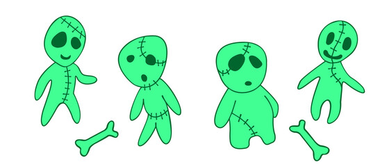 Vector cute zombies in cartoon style. Outline doodle illustration isolated on white background. Halloween elements of design