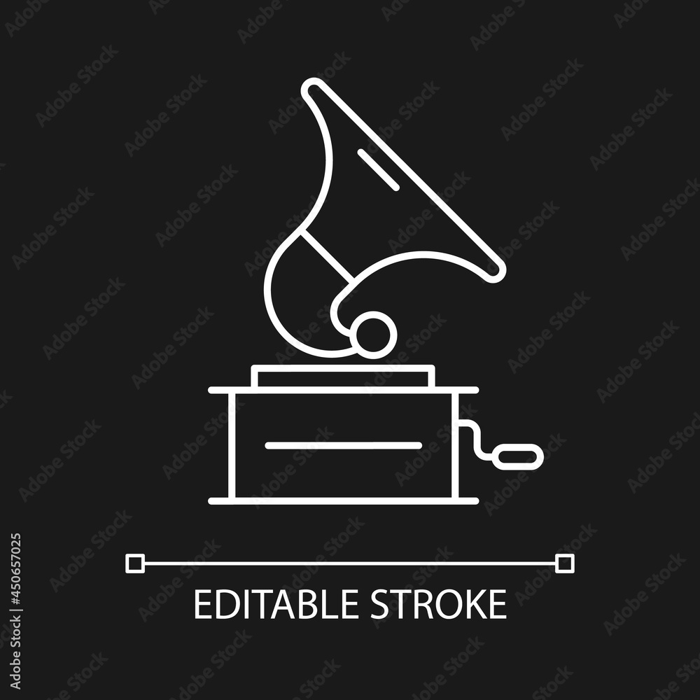 Poster gramophone white linear icon for dark theme. device for mechanical sound reproduction. thin line cus