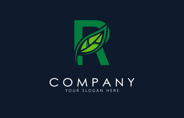 R Letter with green leaf logo template. Organic logo design.