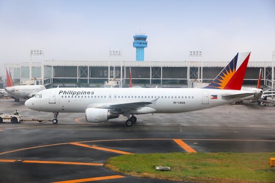 MANILA, PHILIPPINES - DECEMBER 8, 2017: Philippine Airlines (PAL) Airbus A320 at Ninoy Aquino International Airport (NAIA), Manila. The airport handles 36.7 million passengers annually (2015).