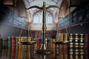 Law and justice concept. Law symbols composition: judge’s gavel, Themis  statue and scale.