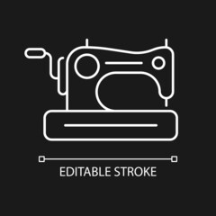 Antique sewing machine white linear icon for dark theme. Collectible equipment with hand crank. Thin line customizable illustration. Isolated vector contour symbol for night mode. Editable stroke
