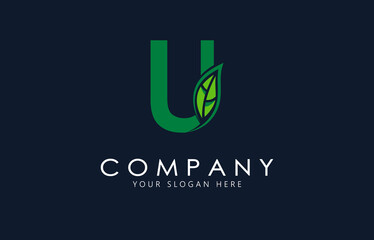 U Letter with green leaf logo template. Organic logo design.
