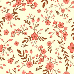 Vintage seamless pattern with flowers, branches and leaves. Repeat baroque background with botanical and garden elements in a bouquet. Floral texture for invitations, weddings and scrapbooks.