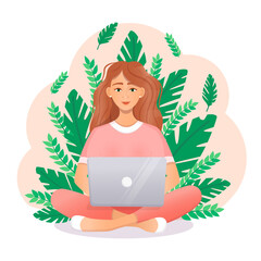 Obraz na płótnie Canvas Cute red haired woman sits at a laptop while sitting in nature. Flat vector illustration of freelance, work at home, work, office, education, training. Remote work and communication in social networks