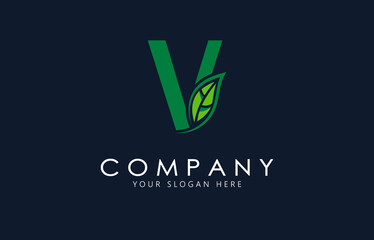 V Letter with green leaf logo template. Organic logo design.