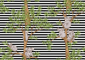 Koala bear seamless pattern. Colored vector illustration. On black-and-white stripes background © Elen  Lane