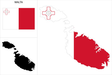 Carte de Malte avec fond drapeau maltais - Carte sous forme de motif noir et drapeau maltais disponibles séparément