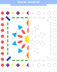  Educational game for children. Circle and color the second part of the shapes.