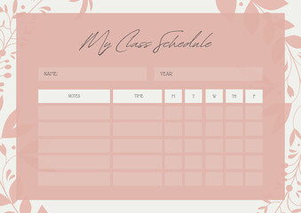 My Class Schedule. Monthly Planner. Organiser and Schedule with place for Notes and To Do List. Template design.