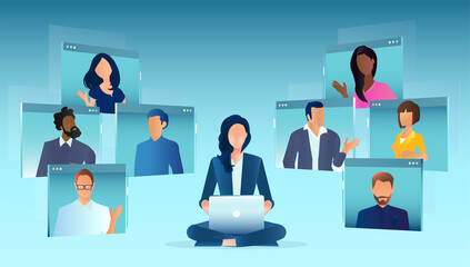 Vector of businesspeople videoconferencing using online platform - obrazy, fototapety, plakaty