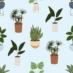 Fototapeta na wymiar Seamless pattern with trendy potted plants for home. Backgrounds and wallpapers for invitations, cards, fabrics, packaging, textiles, posters. Vector illustration.