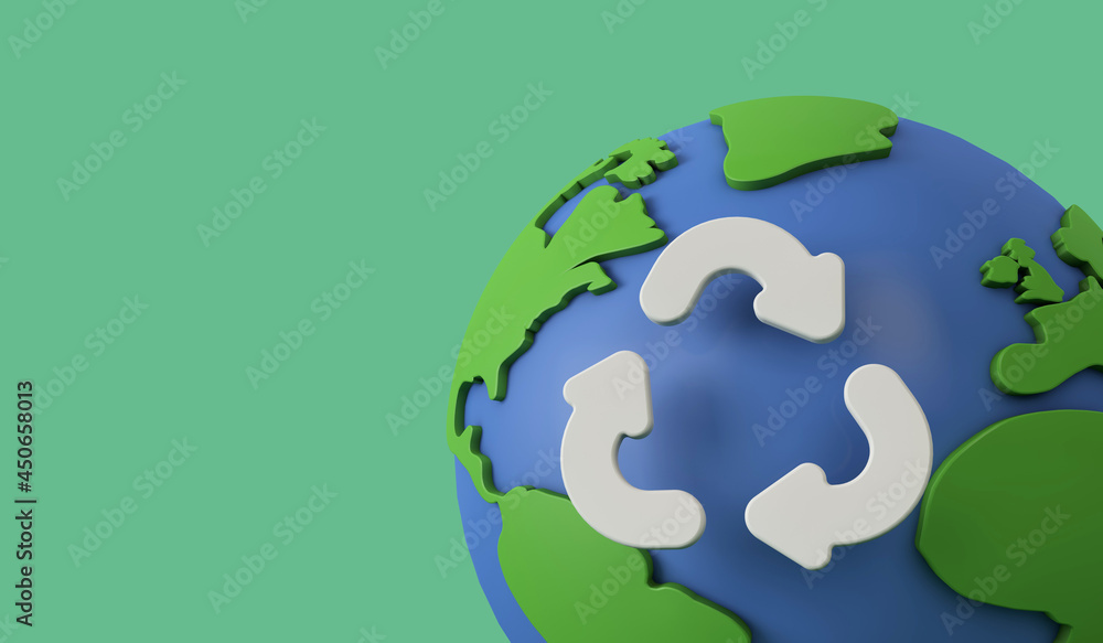 Wall mural global recycling. earth model with a recycle symbol. 3d rendering