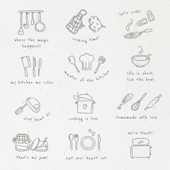 Cute kitchen utensil doodle sticker set vector