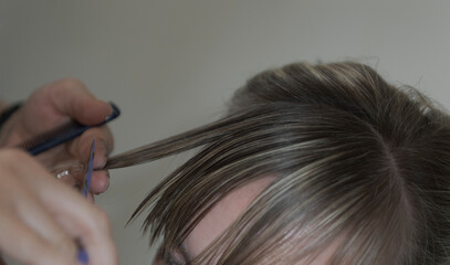 Women's haircut process. Close-up