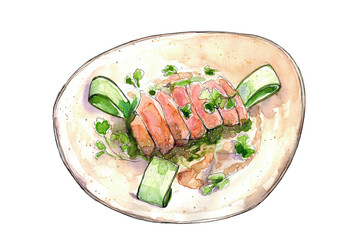 Watercolor hand drawn sketch illustration of warm salad with tuna isolated on white