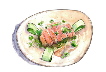 Watercolor hand drawn sketch illustration of warm salad with tuna with shadow isolated on white