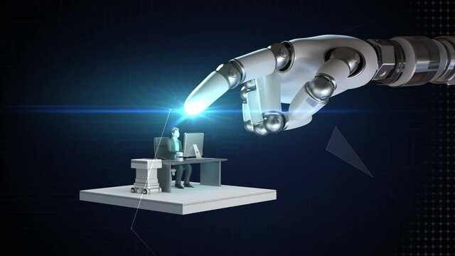When the robot points with a finger, Smart office appear. The voice assistant gives orders and the Secretary robot scans, prints, and delivers the documents. 4k animation.