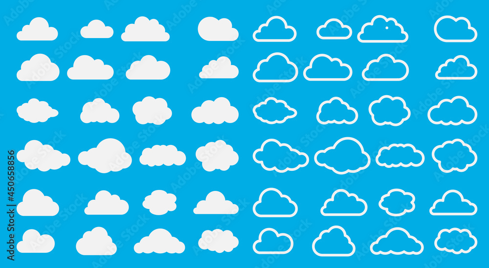 Poster cloud. abstract white cloudy set isolated on blue background. vector illustration.