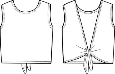 women tie back sleeveless t shirt flat sketch front and back view vector illustration