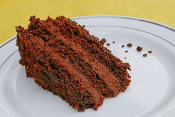 Delicioso trozo de tarta de chocolate. Un trozo de bizcocho de chocolate suave y esponjoso, listo para comer.