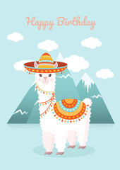 Cute card with a llama or alpaca in a sombrero against the backdrop of mountains and clouds. Vector illustration for greeting card, poster, texture, textile, decor. Happy Birthday. © Irina Anashkevich