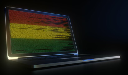 Flag of Bolivia made with computer code on the laptop screen. Hacking or cybersecurity related 3d rendering