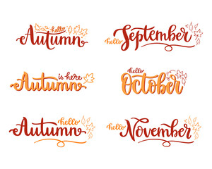 Fototapeta na wymiar Set of hand-drawn lettering autumn season phrases isolated on white background. Vector calligraphy quotes for card, social media, advert. September, October, November decorated with doodle leaves. 