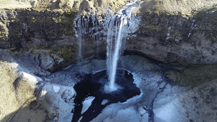 Seljalandsfoss waterfall from above during winter, Iceland