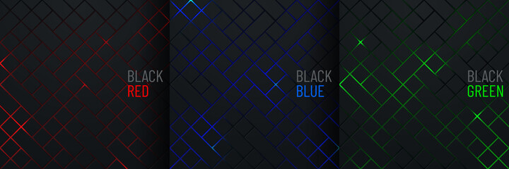 Set of black square pattern on glowing red, blue, green neon abstract background in technology style. Modern futuristic geometric shape collection design. You can use for cover template, poster.