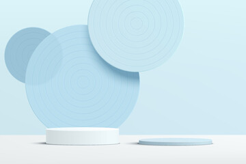 Abstract 3D white, blue cylinder pedestal podium with blue circle glass overlap layers backdrop. Pastel blue minimal wall scene for product display presentation. Vector geometric rendering platform.