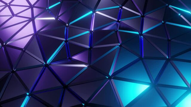 Abstract neon polygonal animation of waving surface. Bright stylish background made from triangles. VJ 3D animation of low poly blue and purple shapes in chaotic motion. Seamless loop.