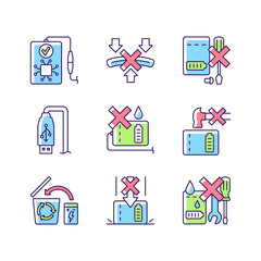 Power bank instruction RGB color manual label icons set. Avoid short-circuiting risk. E-waste. Isolated vector illustrations. Simple filled line drawings collection for product use instructions