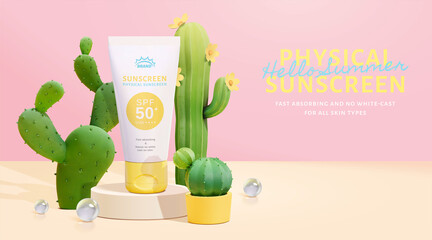 Sunscreen ad in cute cactus theme - obrazy, fototapety, plakaty