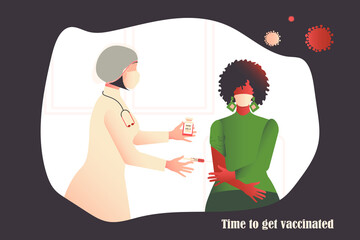 A nurse holds a bottle of COVID-19 coronavirus vaccine and a syringe with a dose in her hands, planning to give the patient an injection. Antiviral drug for human health around the world. Vector.