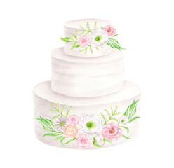 Watercolor 3 tiered cake with flowers illustration. Hand drawn isolated white cream dessert. Clipart for wedding, birthday party, invitations, menu, restaurant, shop and bakery logo