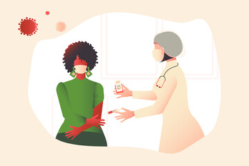 A nurse holds a bottle of COVID-19 coronavirus vaccine and a syringe with a dose in her hands, planning to give the patient an injection. Antiviral drug for human health around the world. Vector.