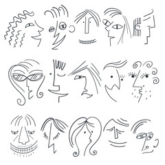 Set of stylized faces of people. Line art. Vector illustration.