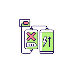 Charging, discharging powerbank RGB color manual label icon. No pass-through charging. Heat build-up. Isolated vector illustration. Simple filled line drawing for product use instructions