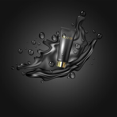 Vector illustration of a realistic cosmetic product on a black background with splashing water.