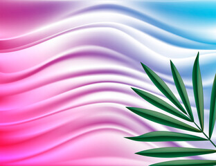 Abstract background. Smooth lines and a green leaf on a pink-blue background.