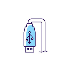 USB output RGB color manual label icon. Charging powerbank through USB cord. Standard cable connection. Isolated vector illustration. Simple filled line drawing for product use instructions